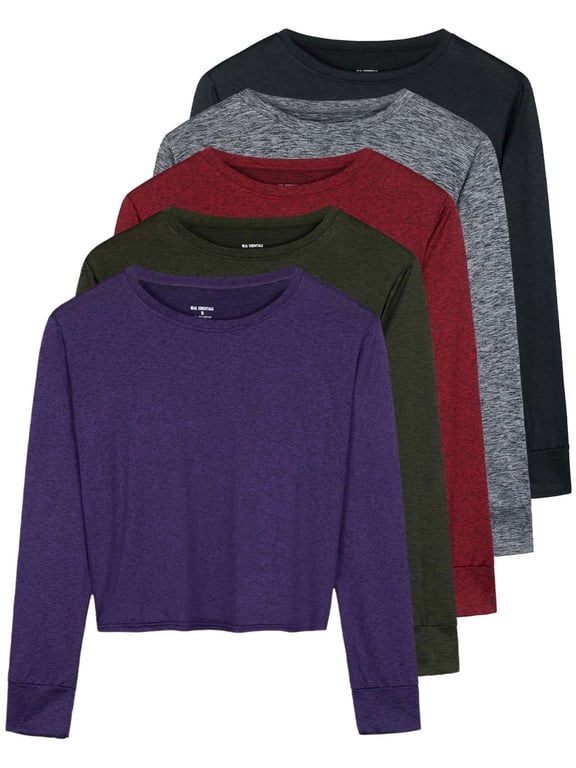 5 Pack: Women's Dry Fit Crop Top - Long Sleeve Crew Neck Stretch Athletic Tee (Available in Plus Size)