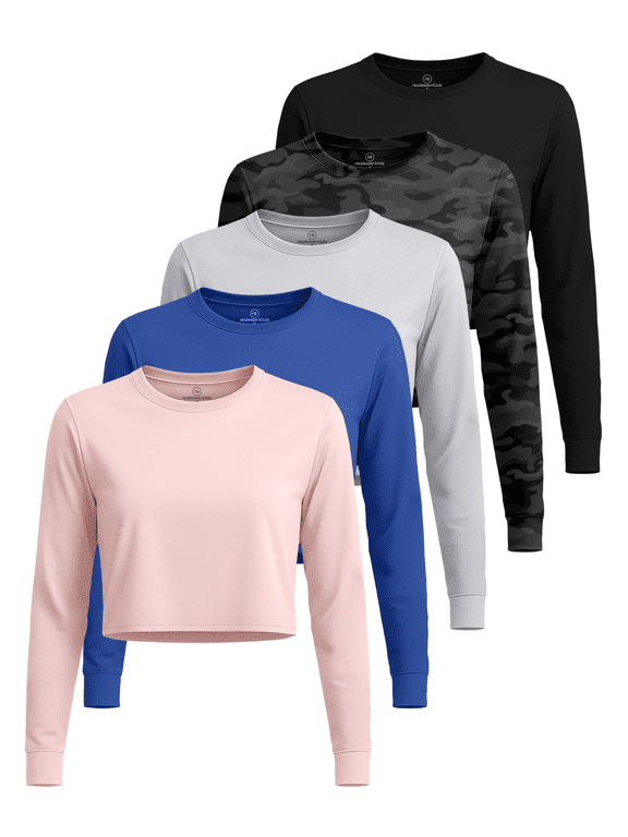 5 Pack Women's Dry Fit Long Sleeve Crop Tops Workout Athletic Crew Neck Tee