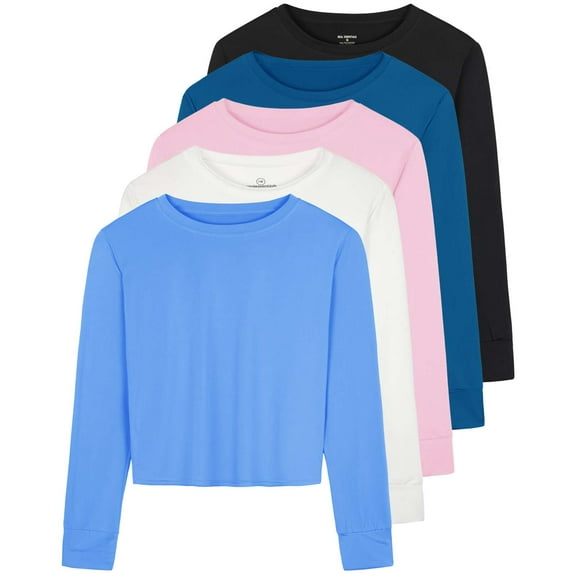 Real Essentials 5 Pack: Women's Dry Fit Crop Top - Long Sleeve Crew Neck Stretch Athletic Tee (Available in Plus Size)