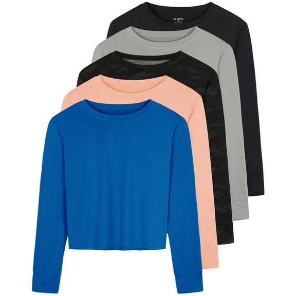 Real Essentials 5 Pack: Women's Dry Fit Crop Top - Long Sleeve Crew Neck Stretch Athletic Tee (Available in Plus Size)