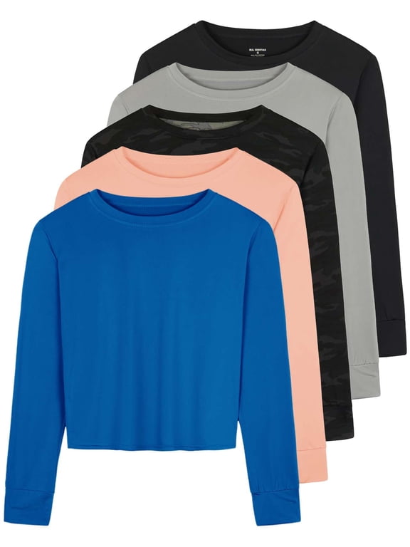 5 Pack: Women's Dry Fit Crop Top - Long Sleeve Crew Neck Stretch Athletic Tee (Available in Plus Size)