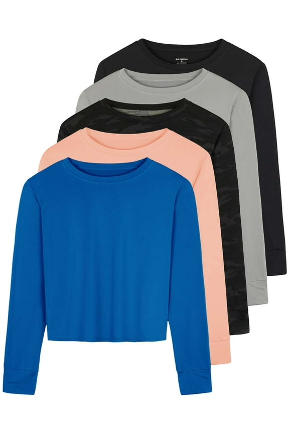 5 Pack: Women's Dry Fit Crop Top - Long Sleeve Crew Neck Stretch Athletic Tee (Available in Plus Size)