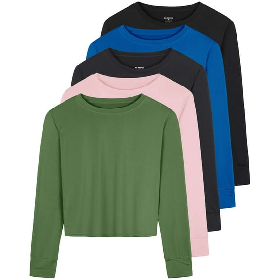 Real Essentials 5 Pack: Women's Dry Fit Crop Top - Long Sleeve Crew Neck Stretch Athletic Tee (Available in Plus Size)