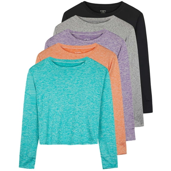 Real Essentials 5 Pack: Women's Dry Fit Crop Top - Long Sleeve Crew Neck Stretch Athletic Tee (Available in Plus Size)