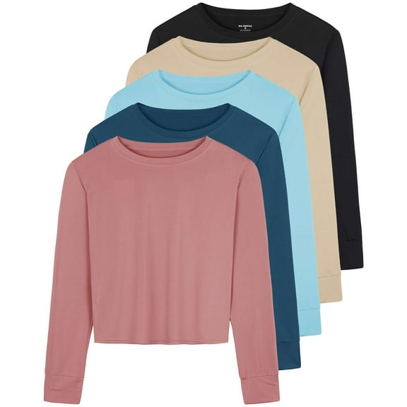 Real Essentials 5 Pack: Women's Dry Fit Crop Top - Long Sleeve Crew Neck Stretch Athletic Tee (Available in Plus Size)