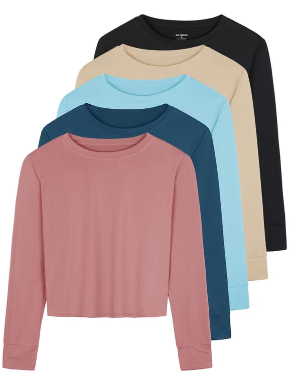 5 Pack: Women's Dry Fit Crop Top - Long Sleeve Crew Neck Stretch Athletic Tee (Available in Plus Size)