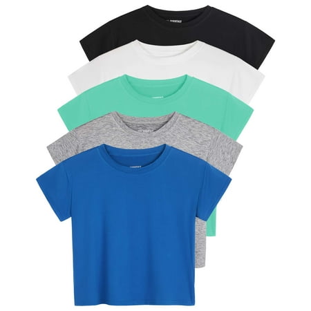 Real Essentials 5 Pack: Women's Dry Fit Crop Top - Short Sleeve Crew Neck Stretch Athletic Tee (Available in Plus Size)