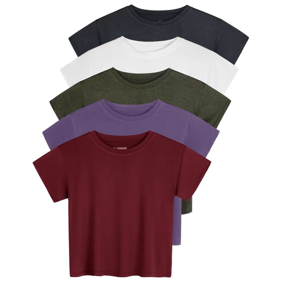 Real Essentials 5 Pack: Women's Dry Fit Crop Top - Short Sleeve Crew Neck Stretch Athletic Tee (Available in Plus Size)