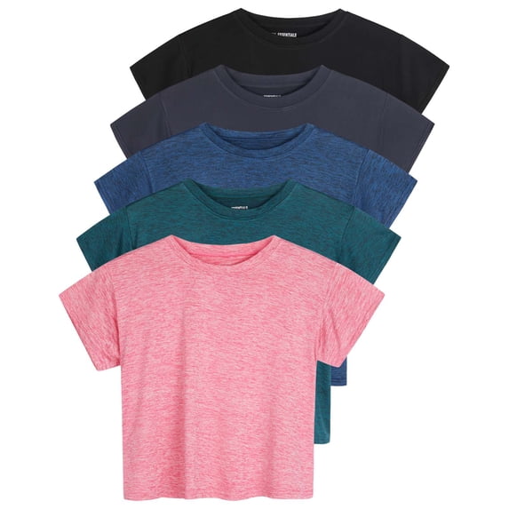 Real Essentials 5 Pack: Women's Dry Fit Crop Top - Short Sleeve Crew Neck Stretch Athletic Tee (Available in Plus Size)