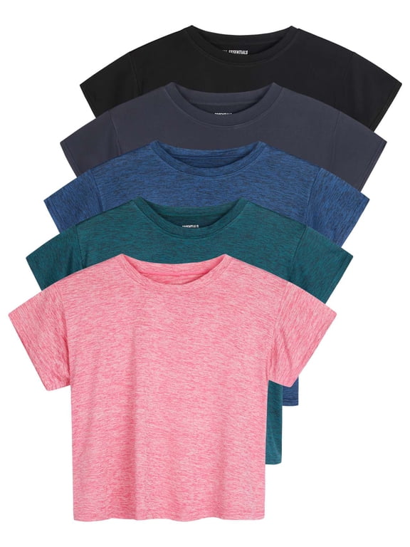 5 Pack: Women's Dry Fit Crop Top - Short Sleeve Crew Neck Stretch Athletic Tee (Available in Plus Size)