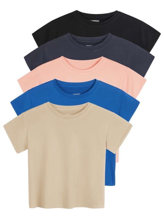 5 Pack: Women's Dry Fit Crop Top - Short Sleeve Crew Neck Stretch Athletic Tee (Available in Plus Size)