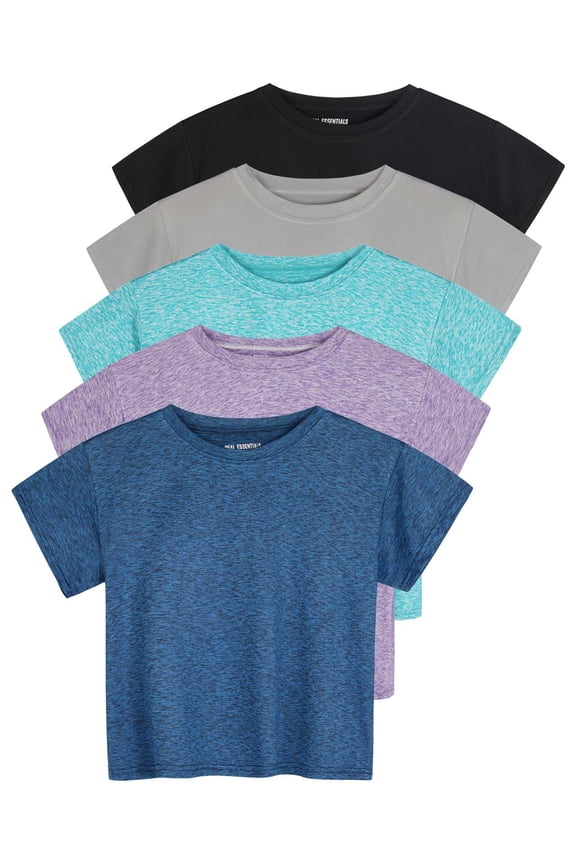 5 Pack: Women's Dry Fit Crop Top - Short Sleeve Crew Neck Stretch Athletic Tee (Available in Plus Size)