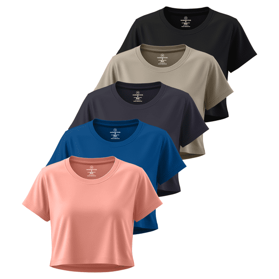 Real Essentials 5 Pack: Women's Dry-Fit Crop Top Short Sleeve Shirts Workout Gym Cropped Athletic Tee (Available in Plus)