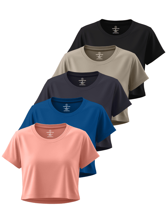 5 Pack: Women's Dry-Fit Crop Top Short Sleeve Shirts Workout Gym Cropped Athletic Tee (Available in Plus)