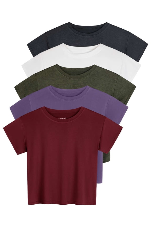 5 Pack: Women's Dry Fit Crop Top - Short Sleeve Crew Neck Stretch Athletic Tee (Available in Plus Size)