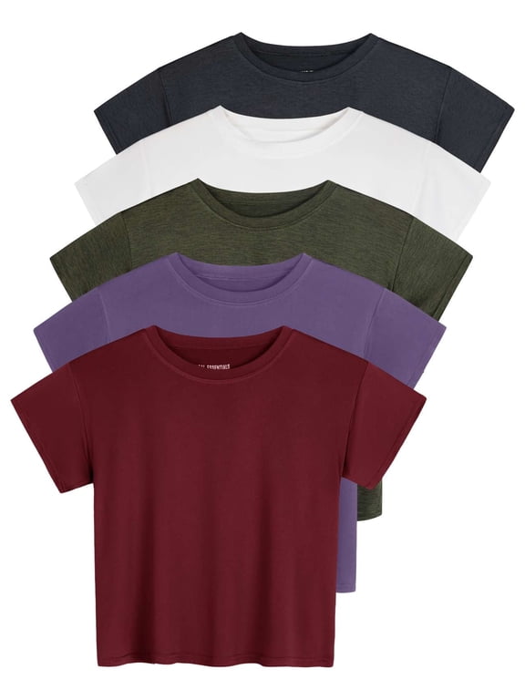 5 Pack: Women's Dry Fit Crop Top - Short Sleeve Crew Neck Stretch Athletic Tee (Available in Plus Size)