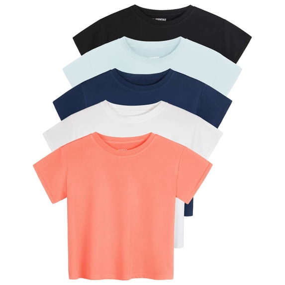 Real Essentials 5 Pack: Women's Dry Fit Crop Top - Short Sleeve Crew Neck Stretch Athletic Tee (Available in Plus Size)