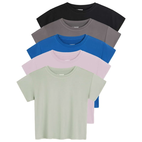 Real Essentials 5 Pack: Women's Dry Fit Crop Top - Short Sleeve Crew Neck Stretch Athletic Tee (Available in Plus Size)