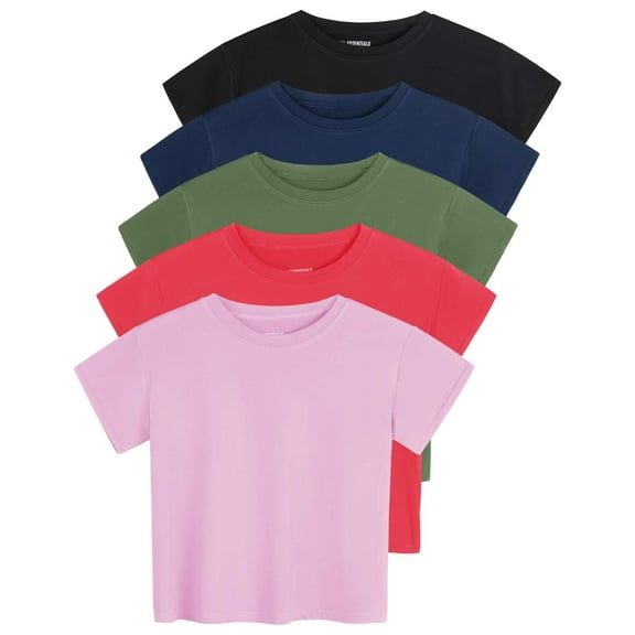 Real Essentials 5 Pack: Women's Dry Fit Crop Top - Short Sleeve Crew Neck Stretch Athletic Tee (Available in Plus Size)
