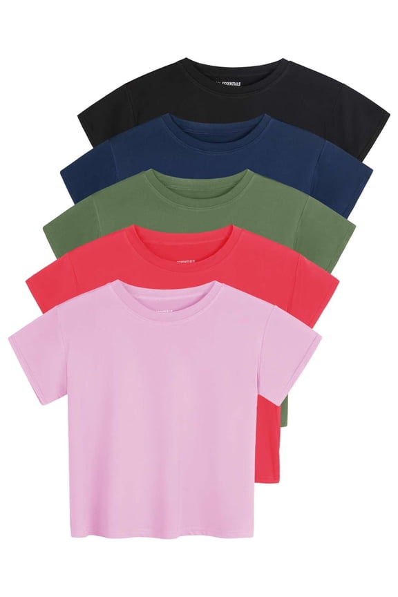 5 Pack: Women's Dry Fit Crop Top - Short Sleeve Crew Neck Stretch Athletic Tee (Available in Plus Size)