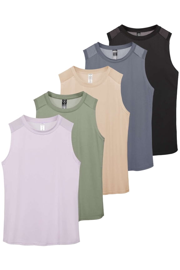 5 Pack: Women's Dry-Fit Racerback Muscle Tank Tops –Workout Shirts Mesh Insert, Athletic (Available in Plus)