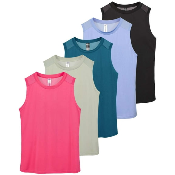 Real Essentials 5 Pack: Women's Dry-Fit Racerback Muscle Tank Tops –Workout Shirts Mesh Insert, Athletic (Available in Plus)