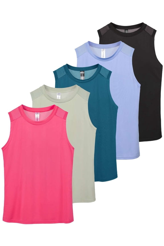 5 Pack: Women's Dry-Fit Racerback Muscle Tank Tops –Workout Shirts Mesh Insert, Athletic (Available in Plus)