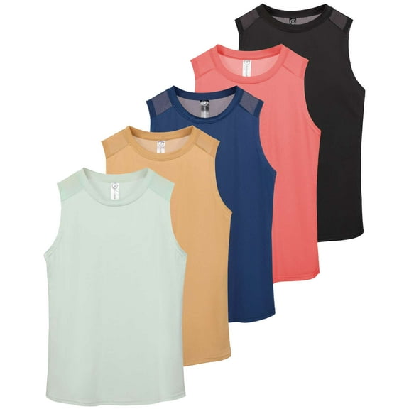 Real Essentials 5 Pack: Women's Dry-Fit Racerback Muscle Tank Tops –Workout Shirts Mesh Insert, Athletic (Available in Plus)