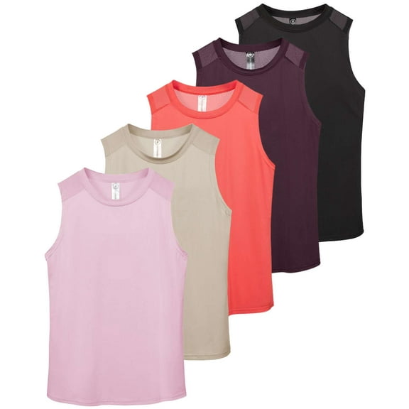 Real Essentials 5 Pack: Women's Dry-Fit Racerback Muscle Tank Tops –Workout Shirts Mesh Insert, Athletic (Available in Plus)