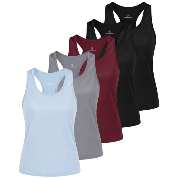 Real Essentials 5 Pack: Women's Dry Fit Racerback Tank Top High-Hip Length Sleeveless Athletic Shirts Workout Yoga Gym