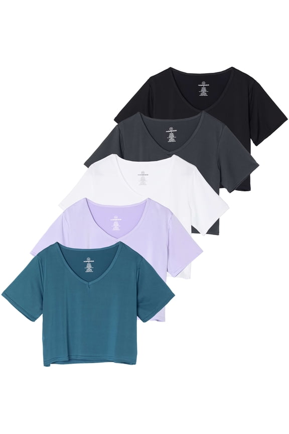 5 Pack: Women's Dry-Fit Short Sleeve V-Neck Crop Top Boxy Athletic Tee