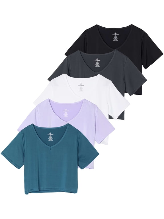 5 Pack: Women's Dry-Fit Short Sleeve V-Neck Crop Top Boxy Athletic Tee