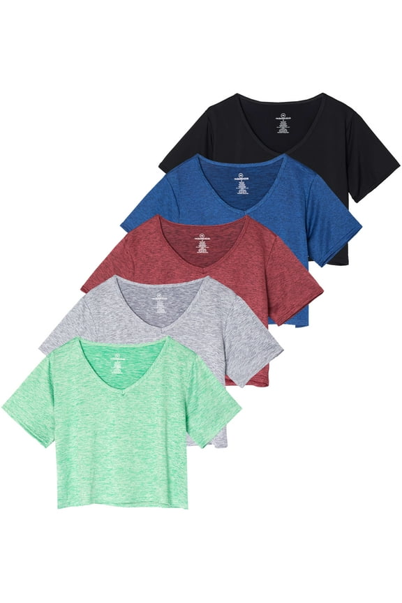 5 Pack: Women's Dry-Fit Short Sleeve V-Neck Crop Top Boxy Athletic Tee