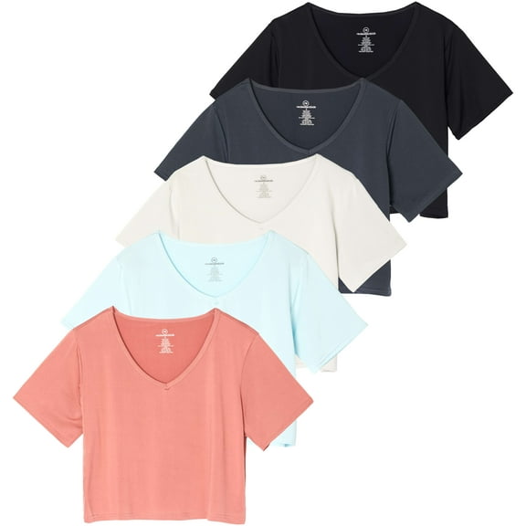 Real Essentials 5 Pack: Women's Dry-Fit Short Sleeve V-Neck Crop Top Boxy Athletic Tee