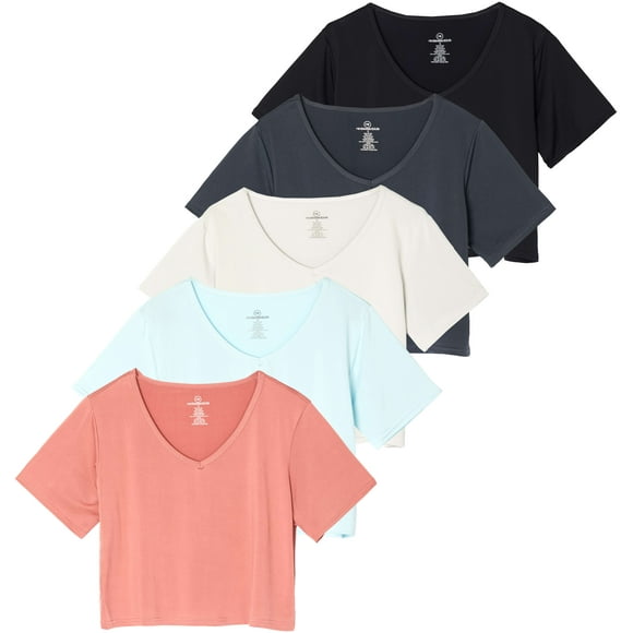 Real Essentials 5 Pack: Women's Dry-Fit Short Sleeve V-Neck Crop Top Boxy Athletic Tee