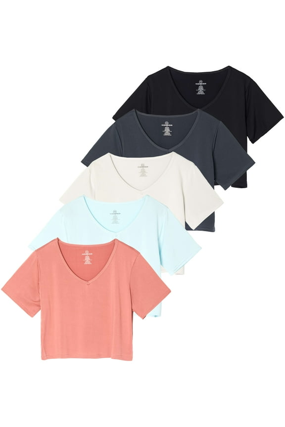 5 Pack: Women's Dry-Fit Short Sleeve V-Neck Crop Top Boxy Athletic Tee