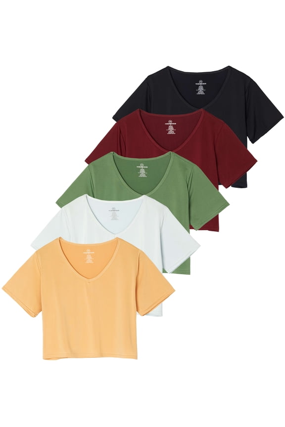5 Pack: Women's Dry-Fit Short Sleeve V-Neck Crop Top Boxy Athletic Tee