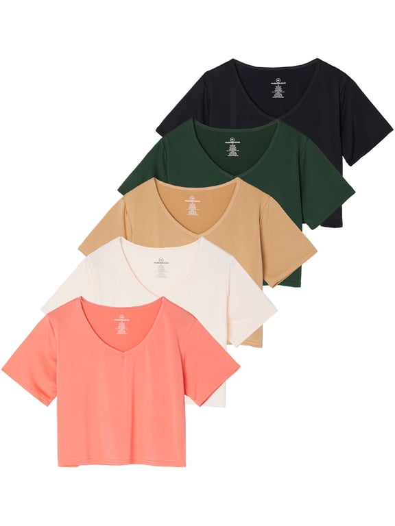 5 Pack: Women's Dry-Fit Short Sleeve V-Neck Crop Top Boxy Athletic Tee