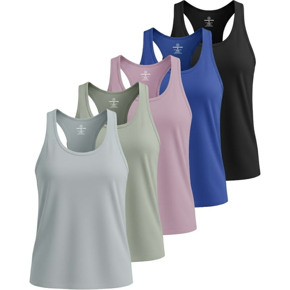 Real Essentials 5 Pack: Women's Dry Fit Tank Top - Racerback Sleeveless Workout Athletic Gym Shirt (Available in Plus)