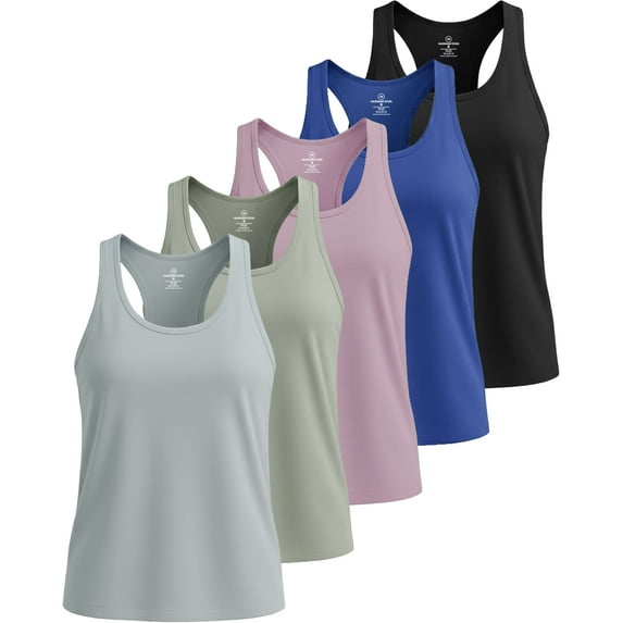 Real Essentials 5 Pack: Women's Dry Fit Tank Top - Racerback Sleeveless Workout Athletic Gym Shirt (Available in Plus)