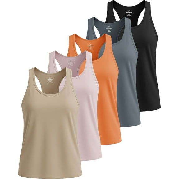 Real Essentials 5 Pack: Women's Dry Fit Tank Top - Racerback Sleeveless Workout Athletic Gym Shirt (Available in Plus)