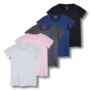 Real Essentials 5 Pack: Women's Dry Fit Tech Stretch Short-Sleeve Crew Neck Athletic T-Shirt (Available in Plus Size)