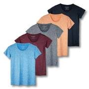 Real Essentials 5 Pack: Women's Dry Fit Tech Stretch Short-Sleeve Crew Neck Athletic T-Shirt (Available in Plus Size)