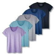 REAL ESSENTIALS 5 Pack: Women's Dry Fit Tech Stretch Short-Sleeve Crew Neck Athletic T-Shirt (Available in Plus Size)