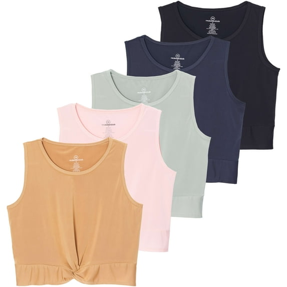 Real Essentials 5 Pack: Women's Dry-Fit Twist Front Knot Sleeveless Crop Tank Top - Dance Workout Athletic Yoga Cropped Top