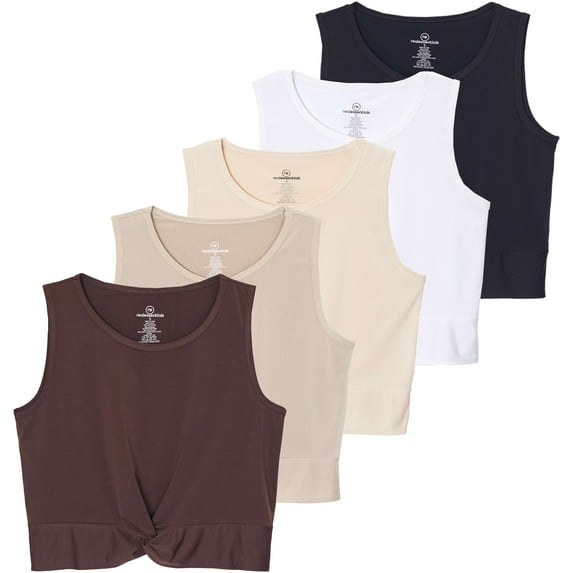Real Essentials 5 Pack: Women's Dry-Fit Twist Front Knot Sleeveless Crop Tank Top - Dance Workout Athletic Yoga Cropped Top