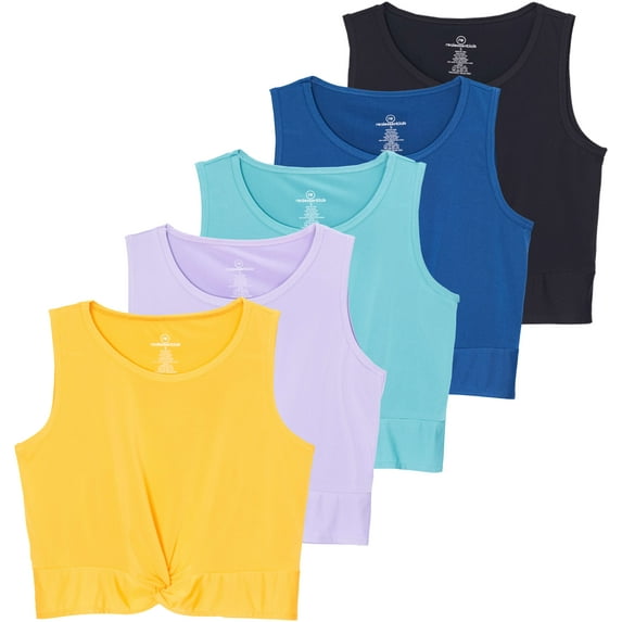 Real Essentials 5 Pack: Women's Dry-Fit Twist Front Knot Sleeveless Crop Tank Top - Dance Workout Athletic Yoga Cropped Top