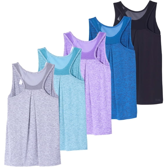 Real Essentials 5 Pack: Women's Racerback Workout Tank Top Mesh Back Dry-Fit Sleeveless Running Gym (Available In Plus Size)