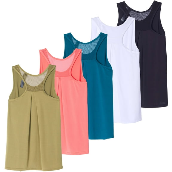 Real Essentials 5 Pack: Women's Racerback Workout Tank Top Mesh Back Dry-Fit Sleeveless Running Gym (Available In Plus Size)