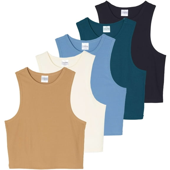 Real Essentials 5 Pack: Women's Ribbed Sleeveless Cropped Racerback Tank Top Casual Crop Top